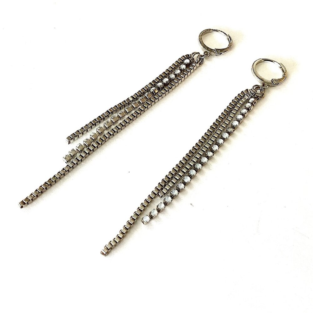 Long Multi Chain Earrings, Silver Dangle Sleek Elegant Vintage